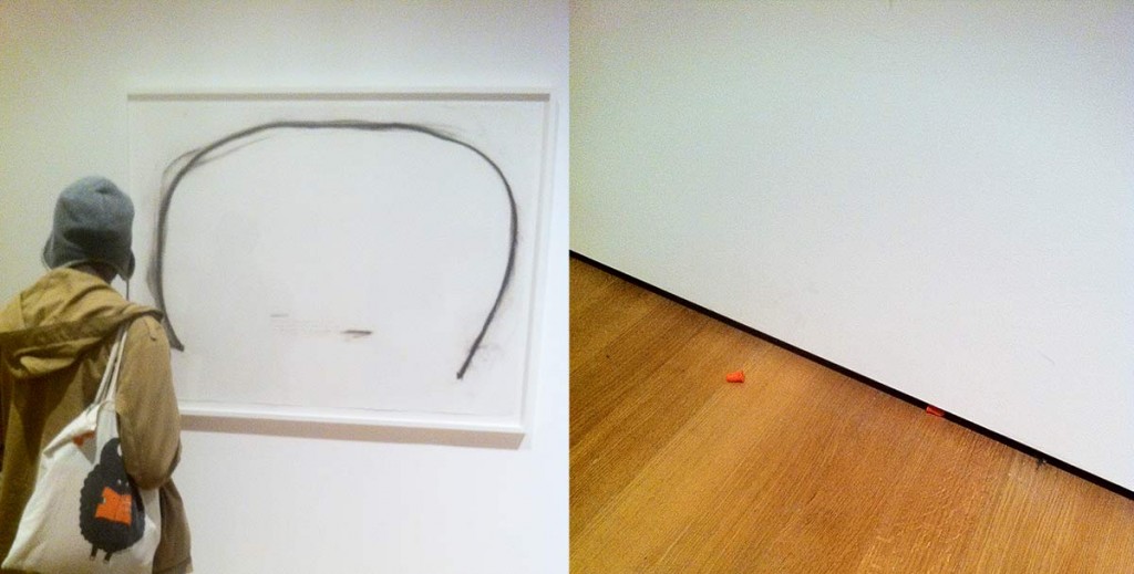 Christine Sun Kim. All. Day. 2012. Score, ink, pastel, and charcoal on paper (left). Discarded earplugs below drawing (right)